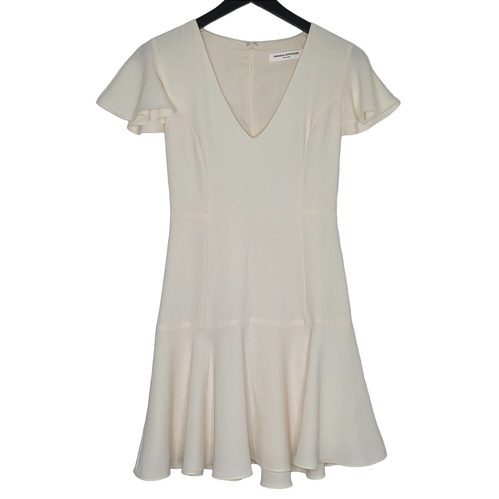 Amanda Uprichard Irvina Dress XS Mini Ivory Flutter Sleeve V-Neck Flounce Hem